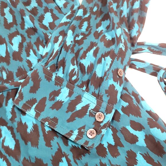 Diane Von Furstenberg Animal Print Dress XL Blue Cheetah Button Up Viscose Tie - Picture 6 of 15
